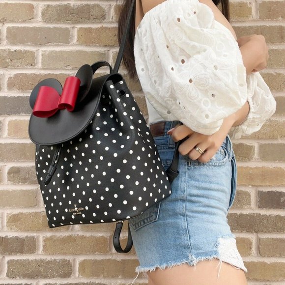 Disney x Kate Spade New York Minnie Mouse Drawstring Flap Backpack Black Dot Bow - Picture 4 of 6